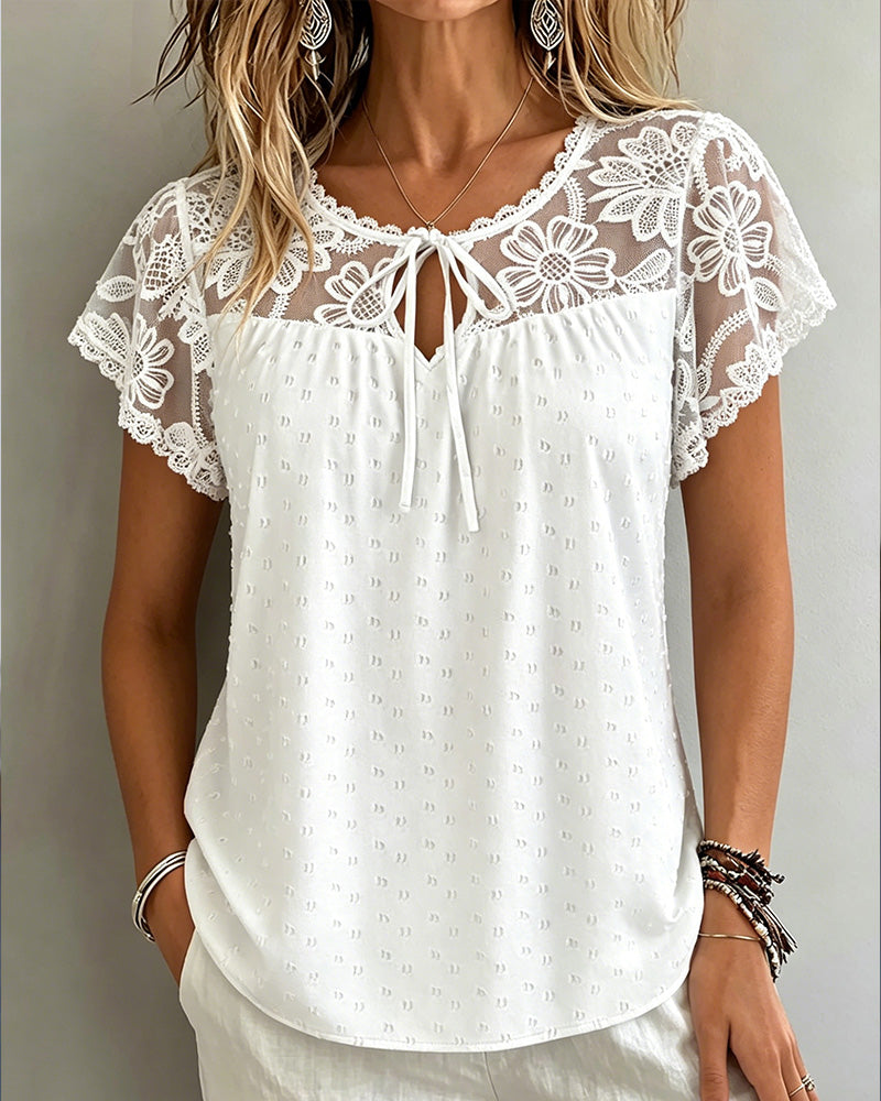 Bluse Mit Spitze Netz Ausgeschnittene Details Kurze Ärmel