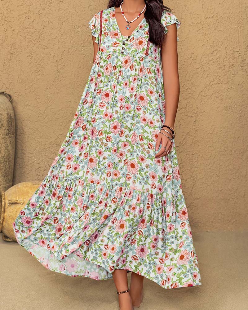 Kleid Blumenmuster V-Ausschnitt Rüschenärmel