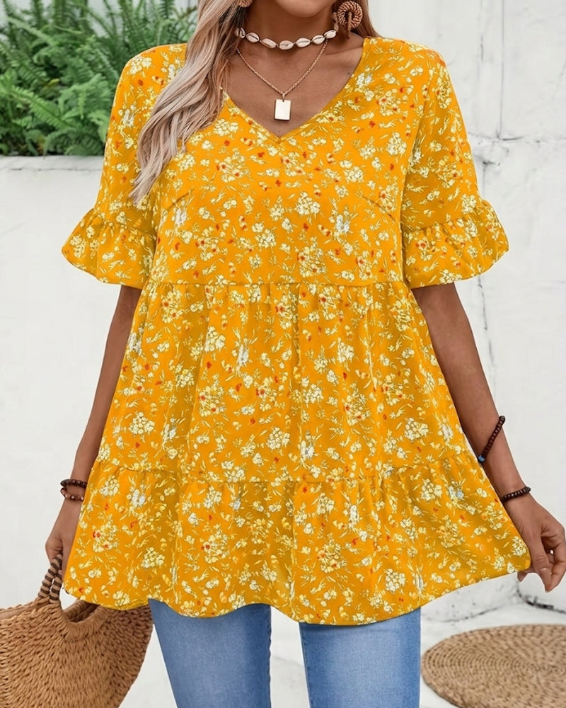 Bluse V-Ausschnitt Flatterärmel Blumen