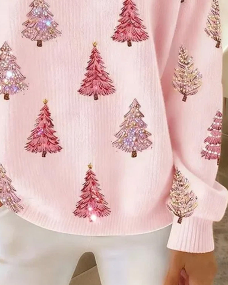 Pullover Weihnachtsbaum Druck Henley Kragen