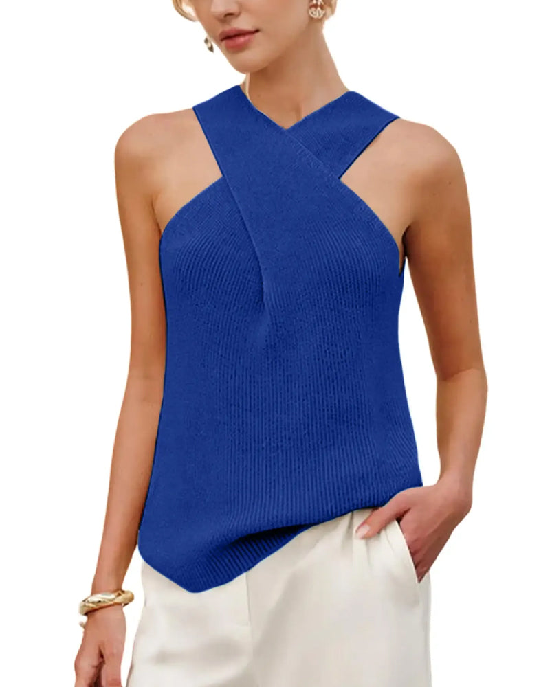 Top Damen Halter Cross Over Kragen Tanktop Strick ärmellos