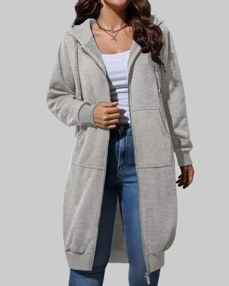 Mantel Lang Mit Kapuze Reißverschluss Sweatshirt