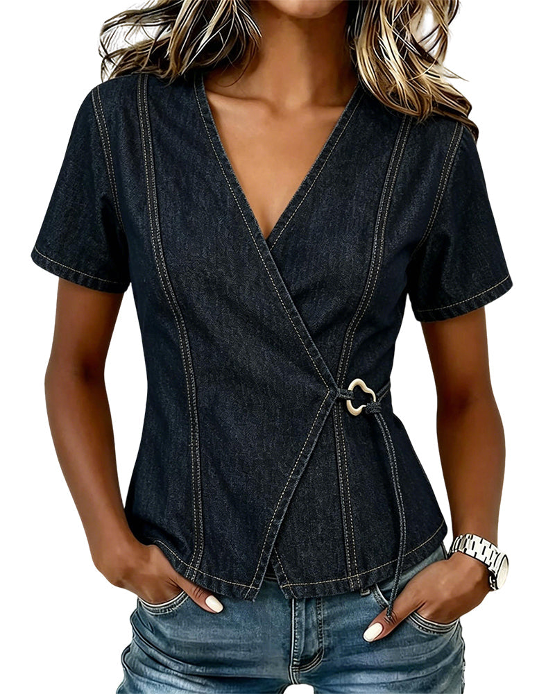 Bluse Unregelmäßig Lace-Up Denim