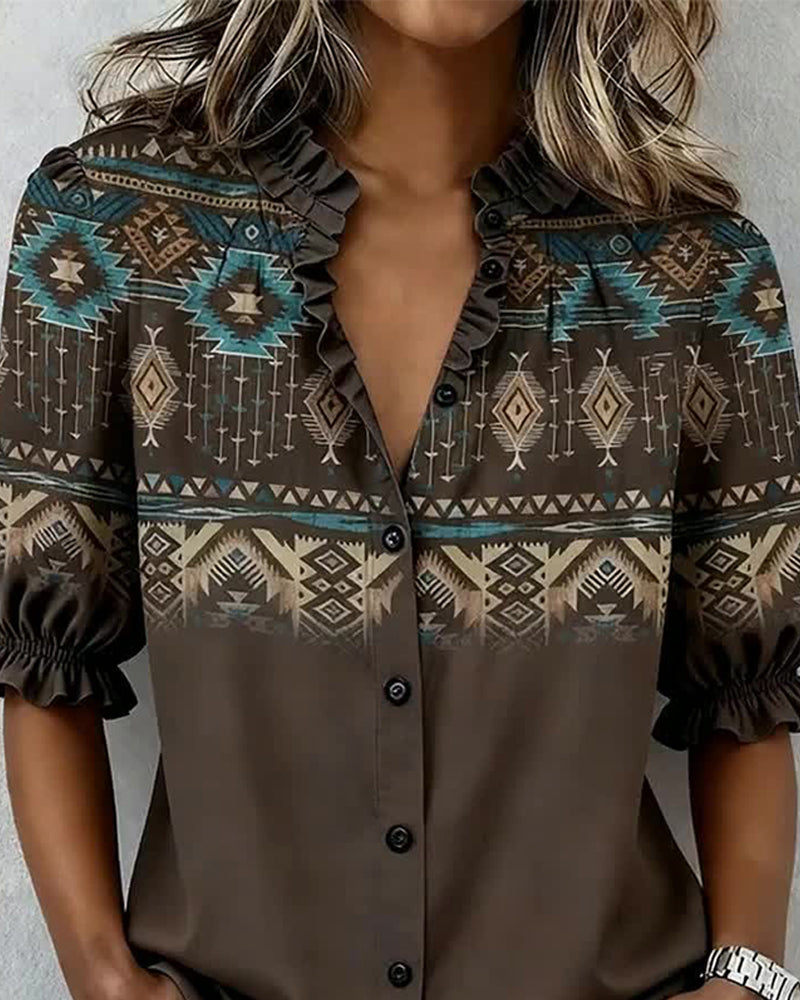 Bluse Western Stil Gedruckt Volant Kurzärmelig