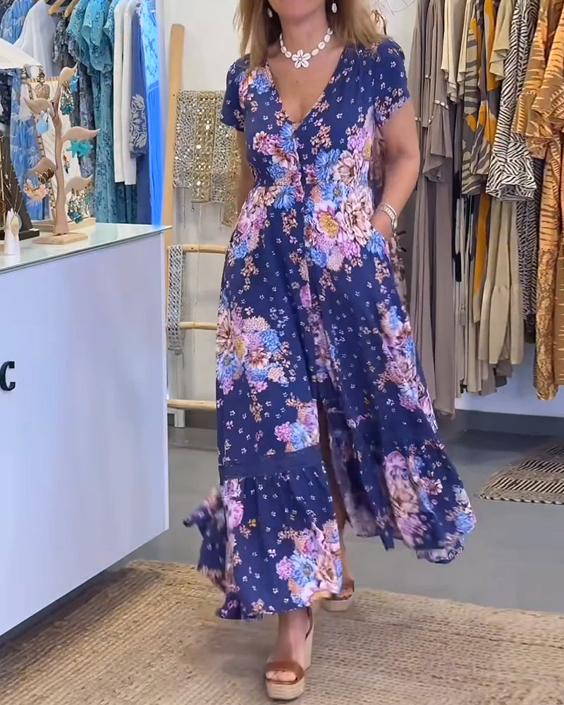 Kleid Blumendruck V-Ausschnitt Maxi