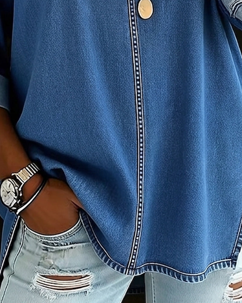 Bluse V-Ausschnitt Locker Denim