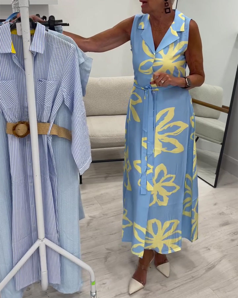 Kleid Ärmellos Reverskragen Schnürung Blumen Maxi