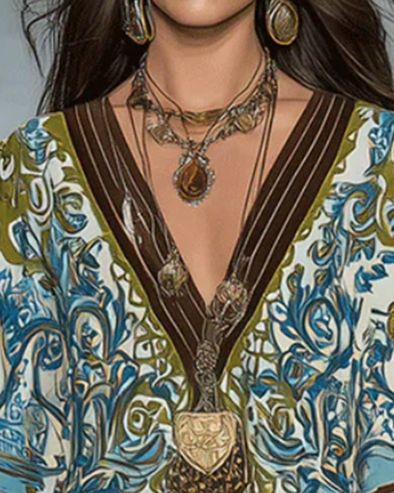 Kleid V-Ausschnitt Farbblock Print