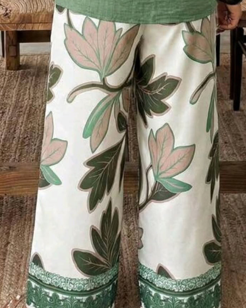 Set Ärmelloses Oberteil Botanischer Print Weites Bein Hose