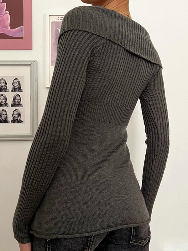 Unifarbene 2000er Strickbluse mit Revers und langen Ärmeln