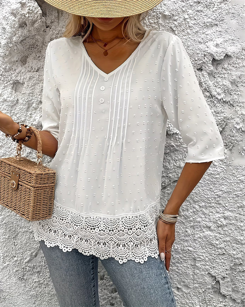 Bluse Jacquard Spitze Patchwork V-Ausschnitt