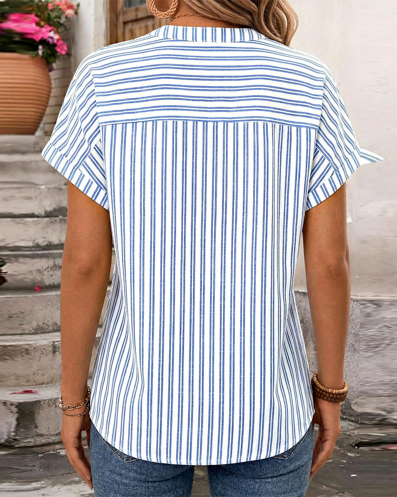 Bluse Streifen V-Ausschnitt Knopf Patchwork