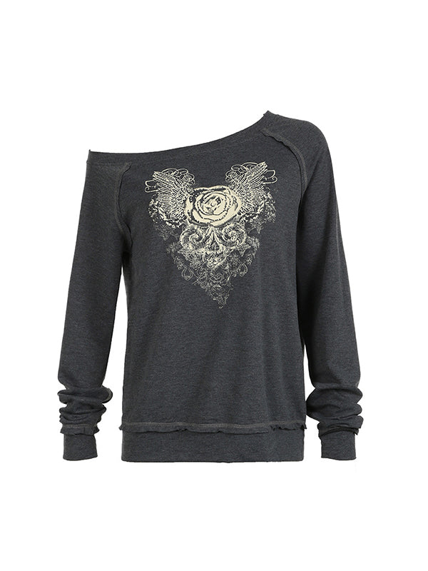 Vintage Gray Sweatshirt with Rose Print