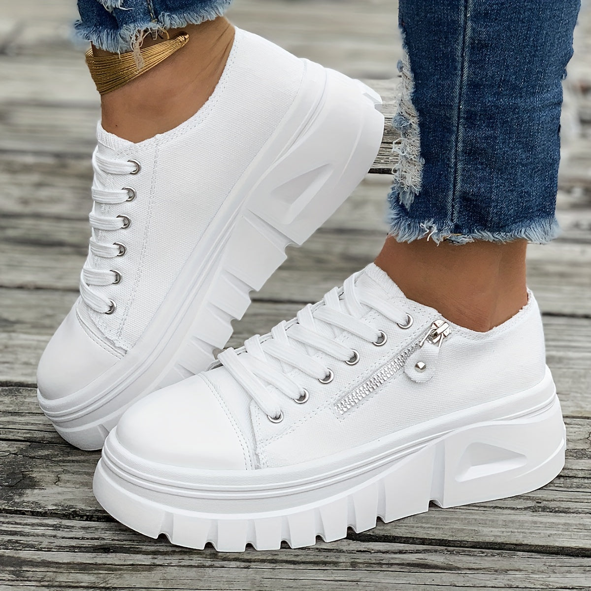 Black and White Chunky Zipper Sneaker - Ava