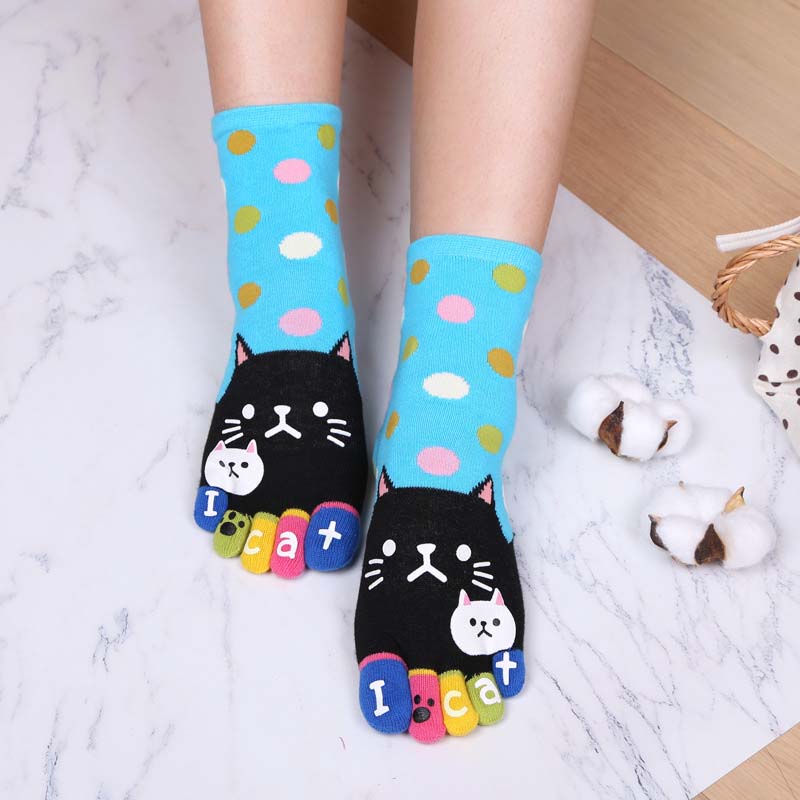 Cartoon-Katze-5-Finger-Socken Blau