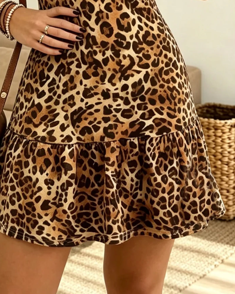 Kleid Leopard Druck Kurzarm Rüsche Mini