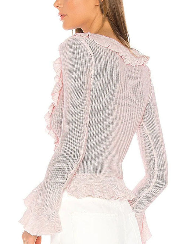 Pull vintage à manches longues et col en V, couleur unie