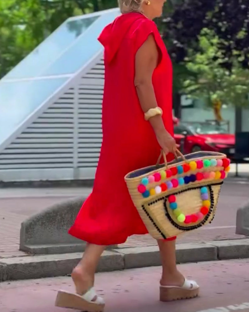 Kleid Revers Ärmellos Schlitz Einfarbig