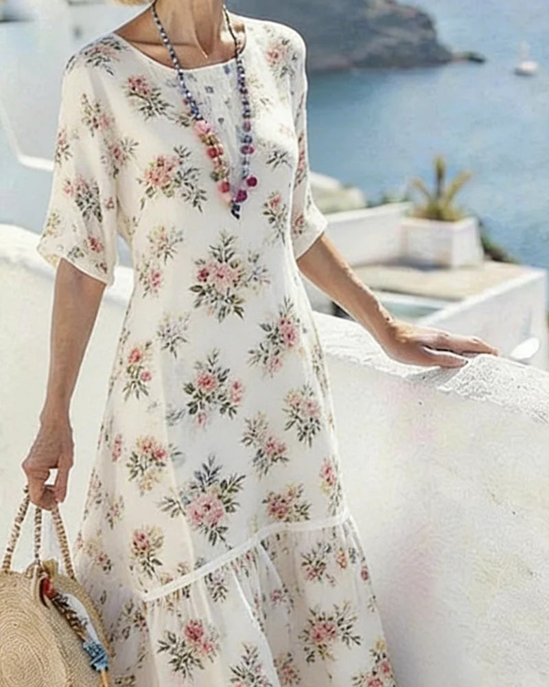 Kleid Kleine Blumen Rundhalsausschnitt Patchwork