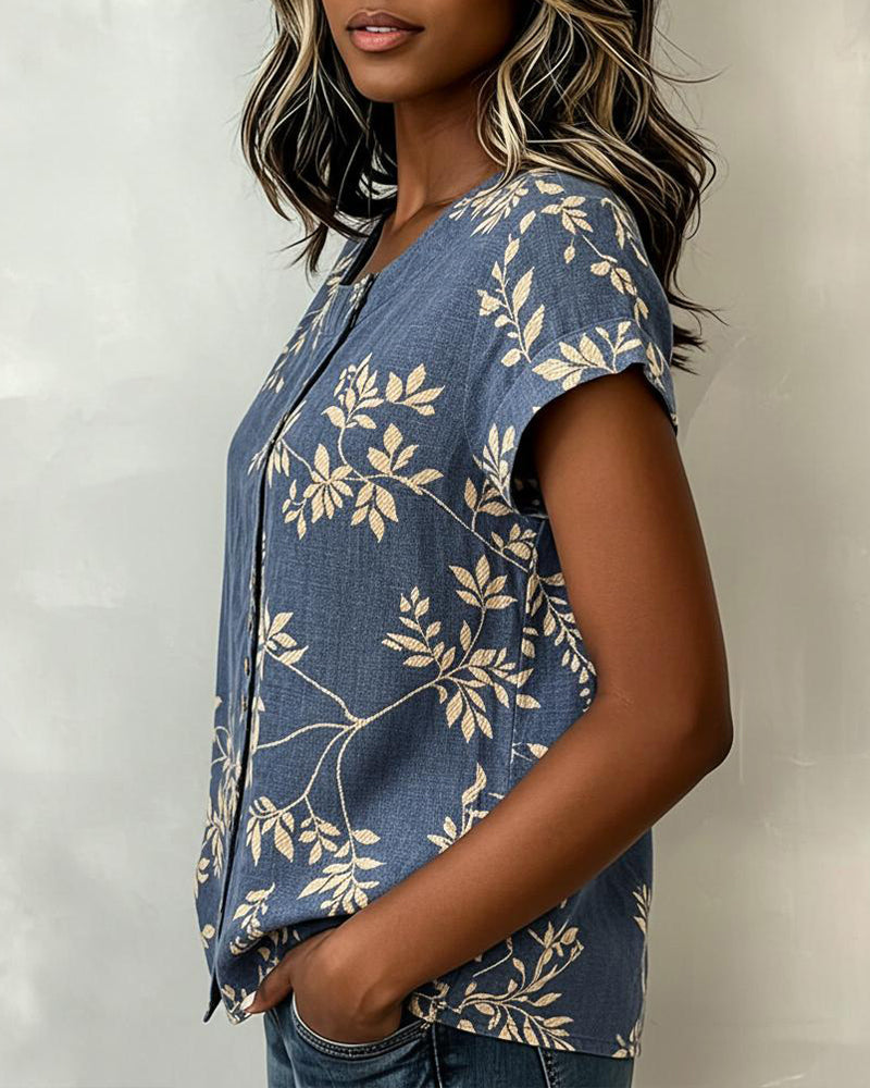 Bluse Blattprint Kurzarm Lässig