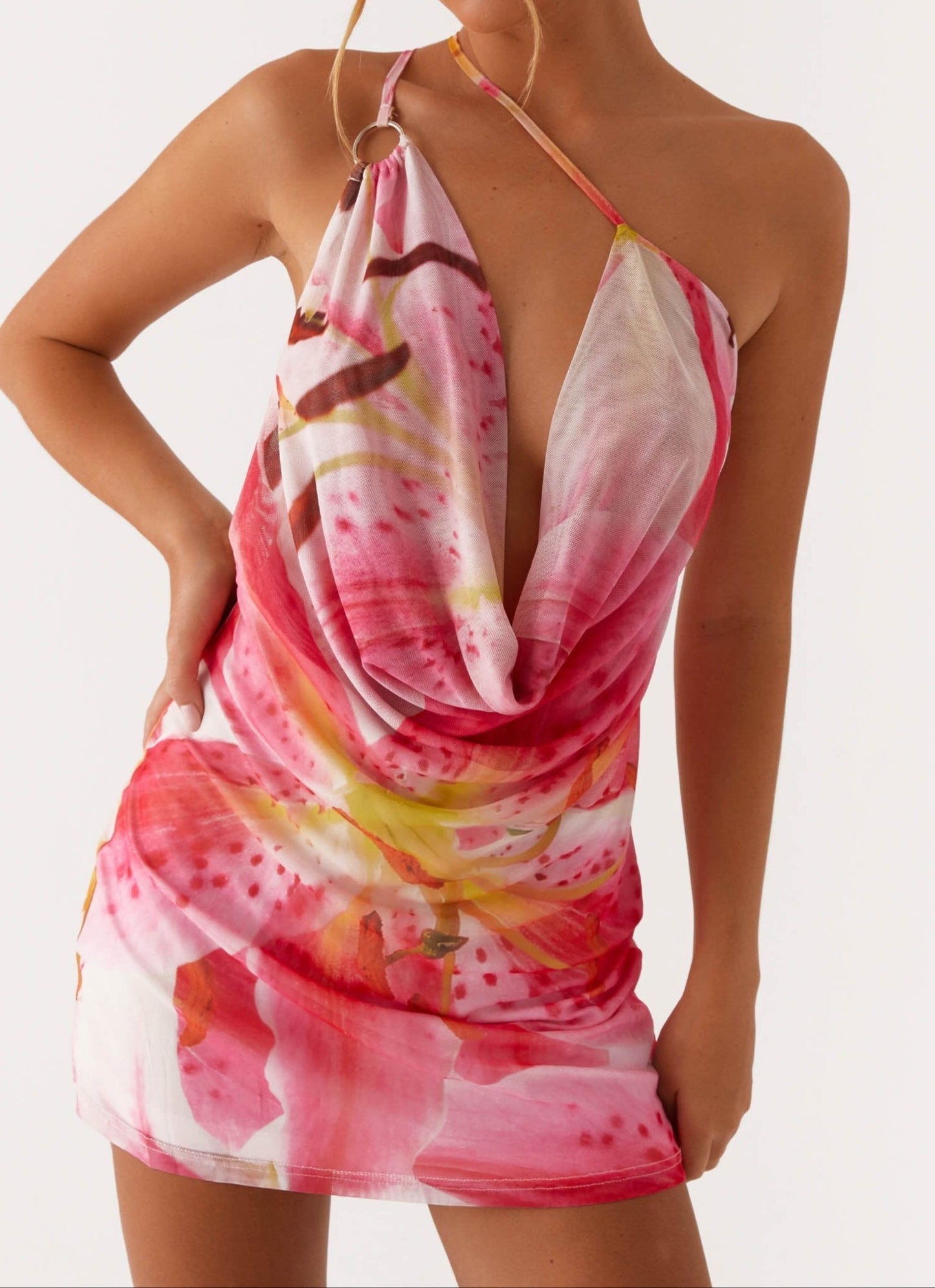 Danna Mesh Minikleid – Weiß Rosa Lilie