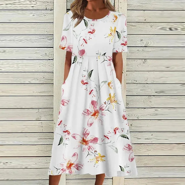 Floral midi dress with pockets and round neck - Sophie