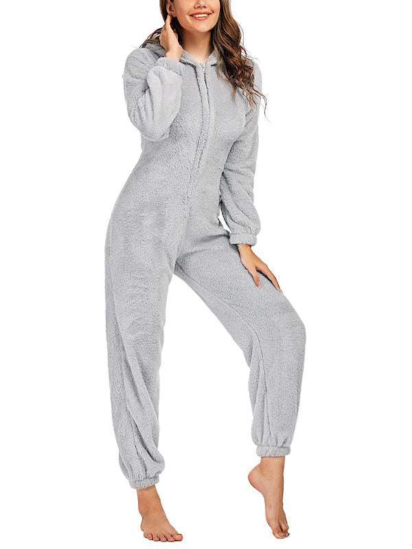 Einfarbiger Reißverschluss Fleece Lounge Overall