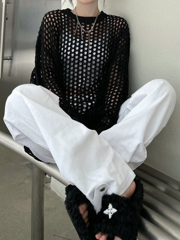 Einfarbiges Y2k Oversized Häkel Stricktop