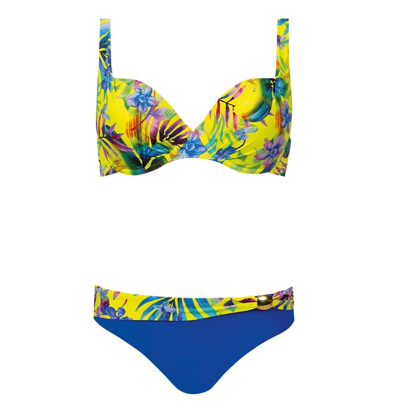 Luisa – Tropical blue & yellow bikini set with floral touch
