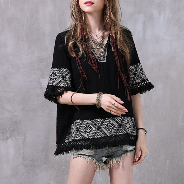 Neu V-Ausschnitt Lose Stickerei Blusas