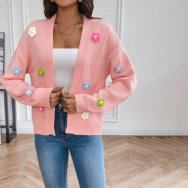 Strickjacke Mit 3D Blumenmuster Rosa