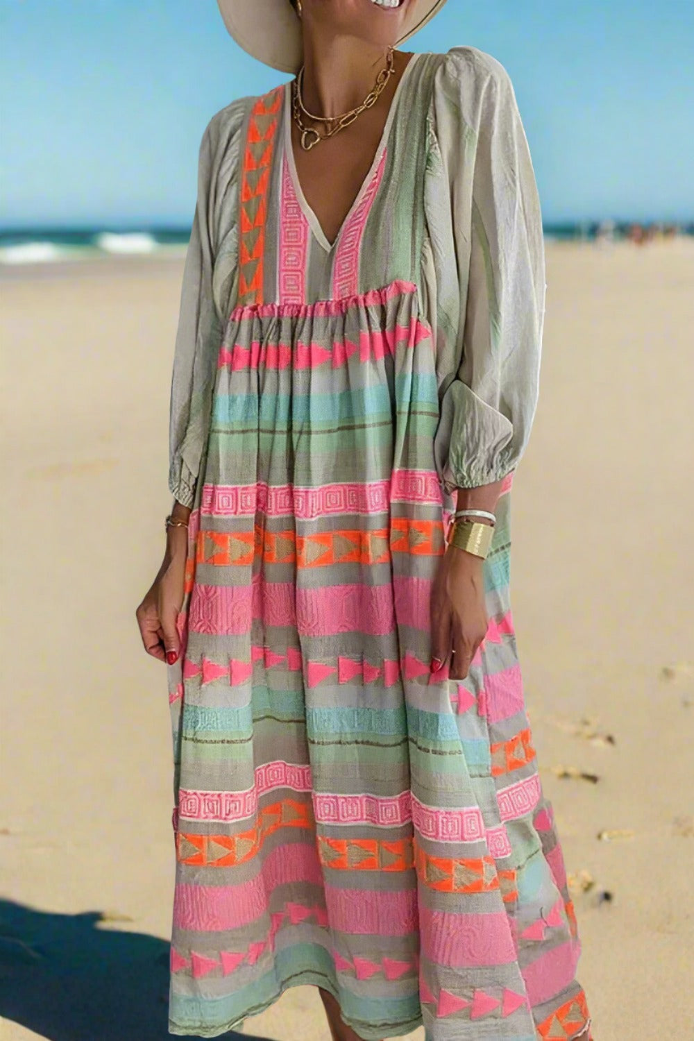 Luisa - Colorful maxi dress with geo pattern in pink & orange