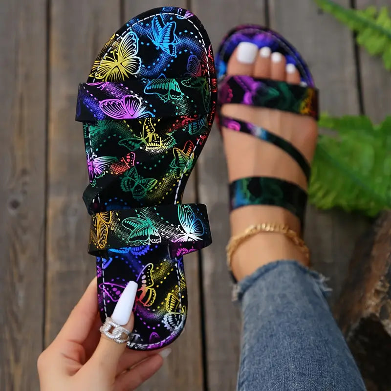 Lila - Damen Schmetterling Print Seite Sandalen