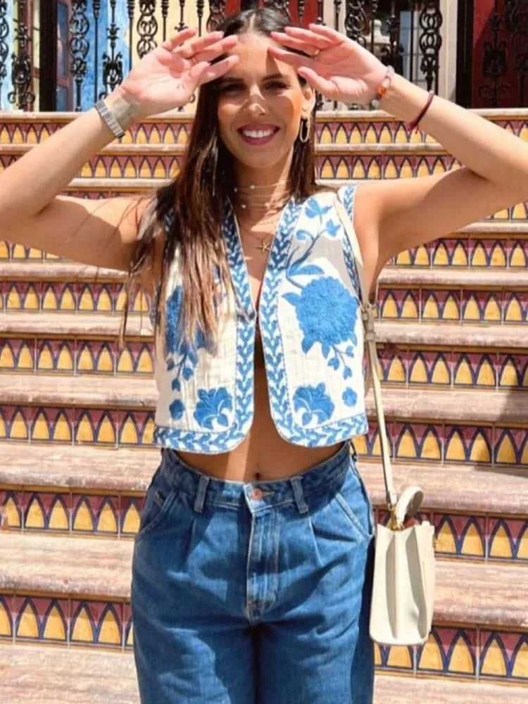 Vintage Blumenstickerei Weste Jacken V-Ausschnitt Strickjacke Hemden