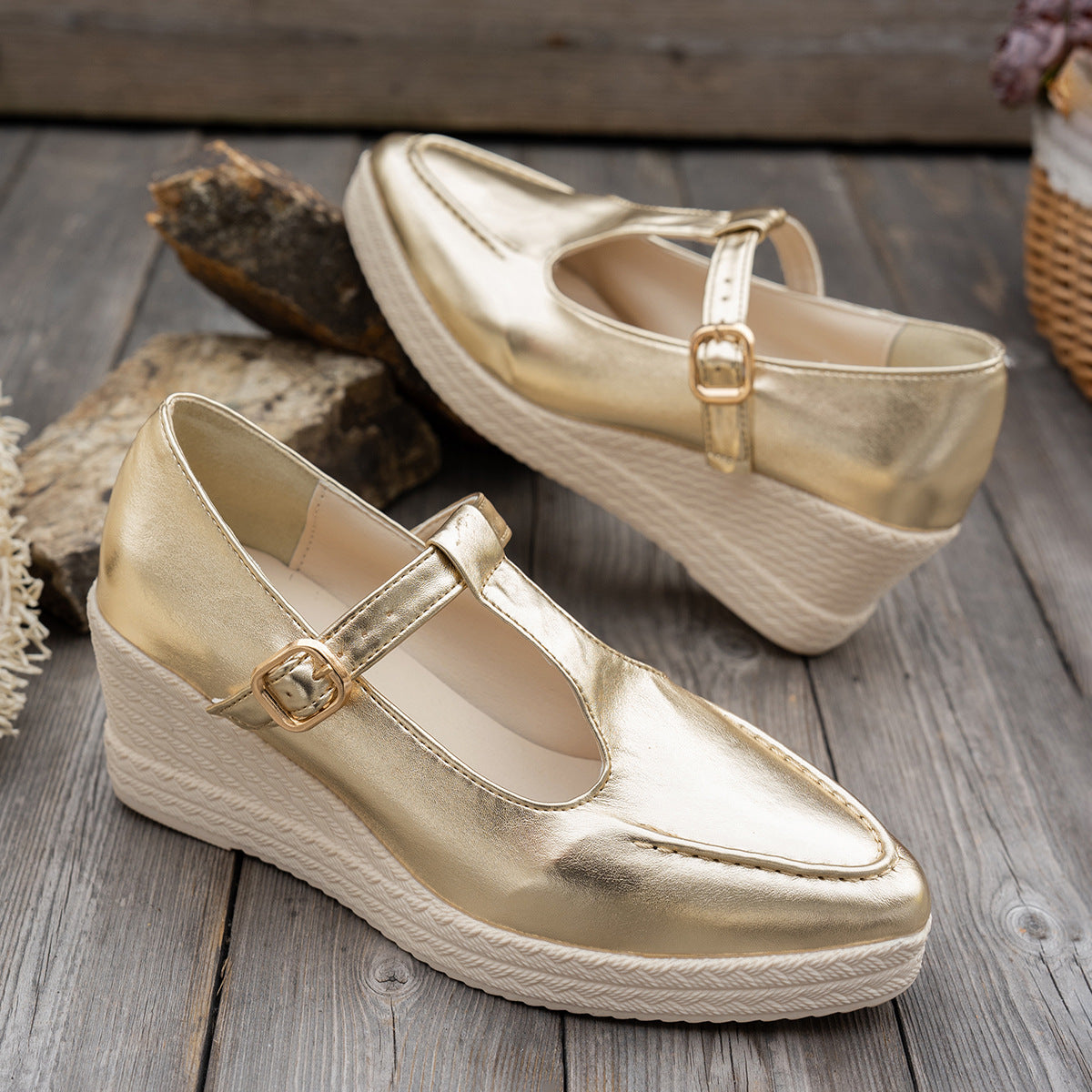 Metallic upper round toe T-strap wedge shoes