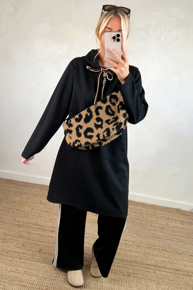 Kangaroo Pocket Loose Hooded Sweatshirt Midi Dress