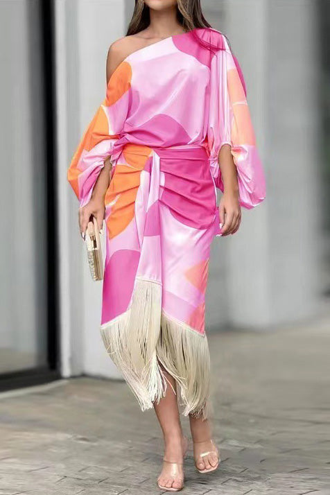 Printed lantern-sleeve loose top and fringed hem skirt two-piece set