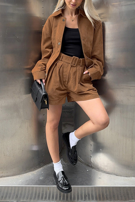 Vintage loose brown suede lapel jacket and shorts two-piece set