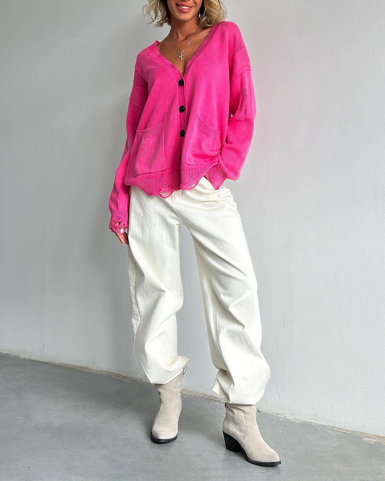 Cozy distressed deep V-neck single-breasted loose wool cardigan