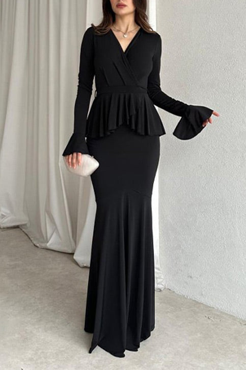 Solid color long-sleeved V-neck lace strappy hip Maxi dress