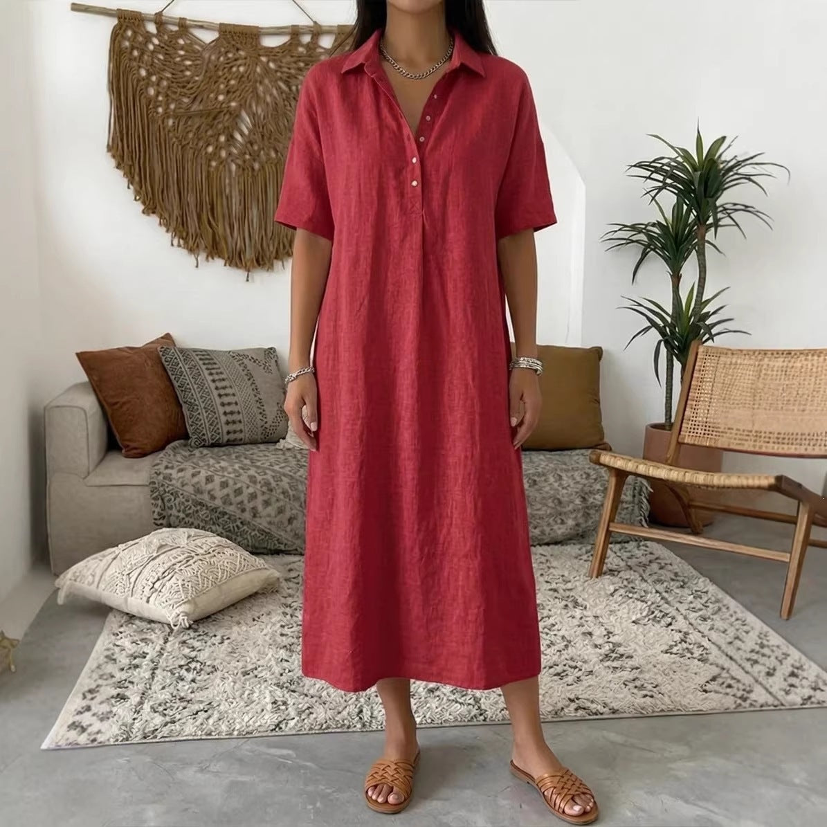 👗Damen lässiges Hemdkleid aus Leinen-Mischung