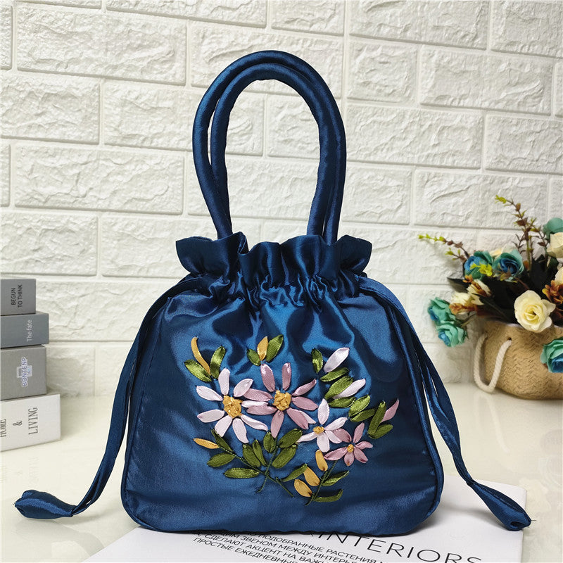 Vintage Tasche Mit Blumenstickerei Blau