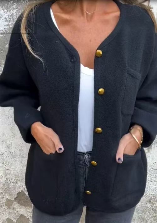 Simple and versatile round neck long-sleeved woolen coat