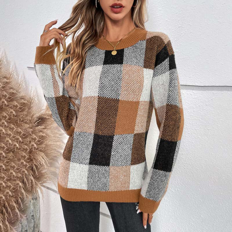 Lässiger Karierter Strickpullover Kaffee