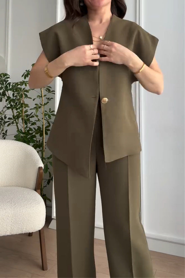 Irregular V-neck top and high-waisted trousers two-piece suit