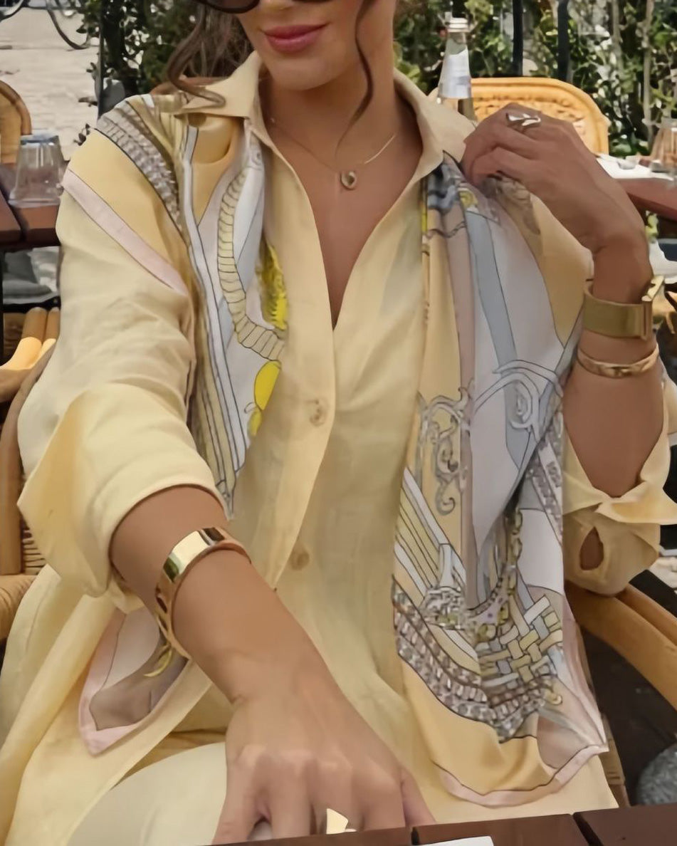 Cotton and linen loose long-sleeved shirt and suit pants two-piece suit