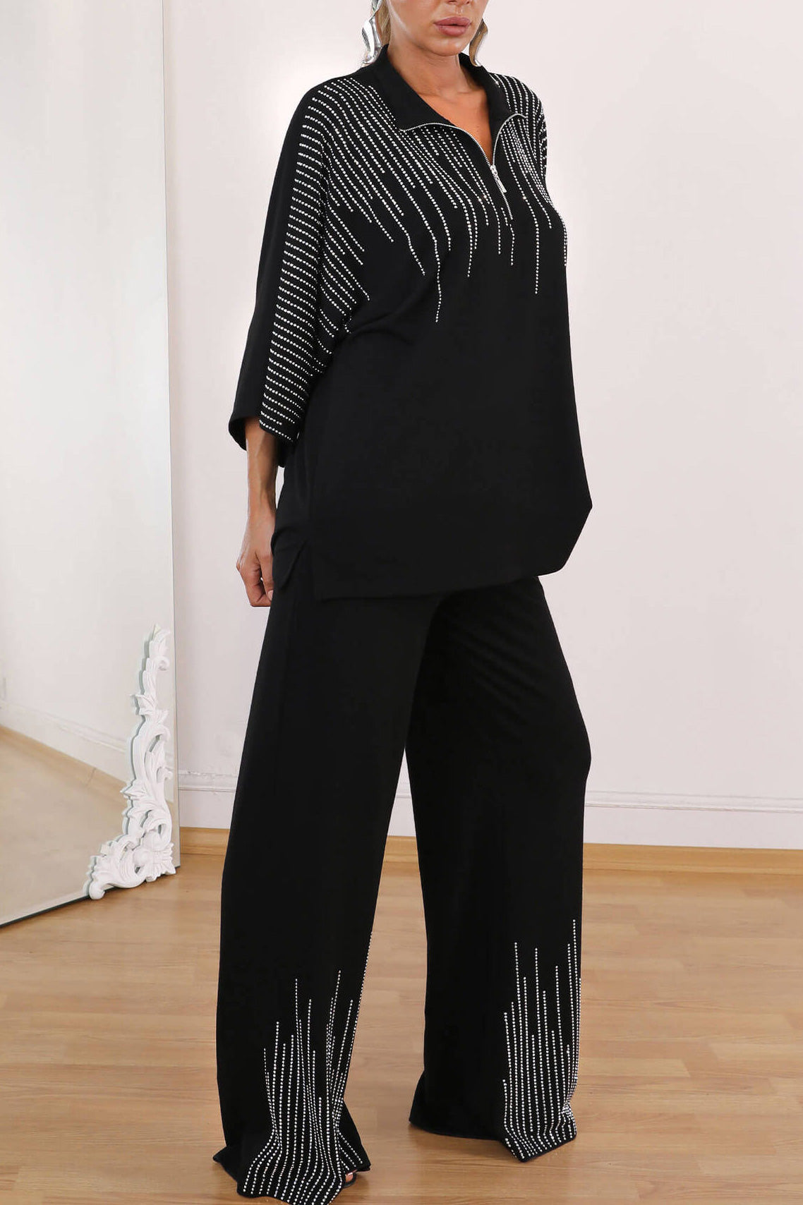 Rhinestone three-quarter sleeve top and wide-leg pants two-piece set