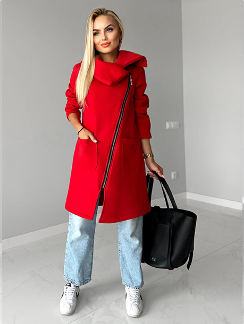 Oblique zipper Lapel Mid-length fleece sweatshirt jacket