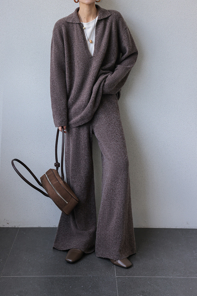 Thickened V-neck loose knitted sweater wide-leg pants two-piece set