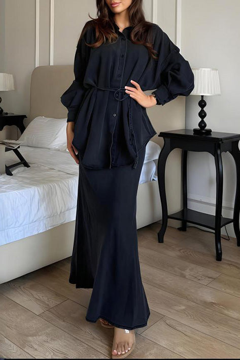 Long-sleeved tie-strap curved-hem shirt top and hip-wrapped maxi skirt two-piece set